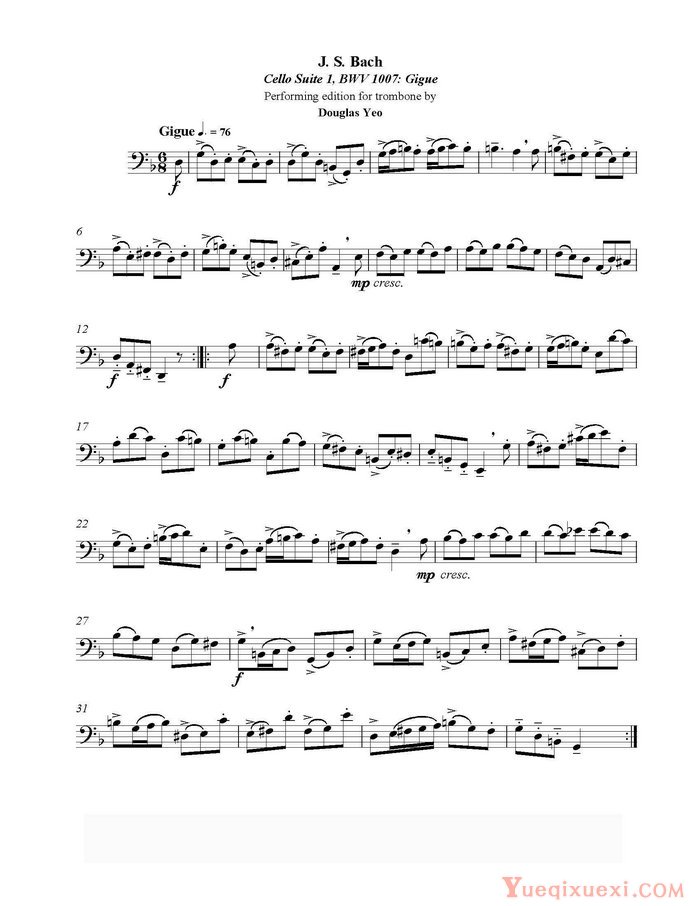 长号谱 BACH Cello Suite For Trombone