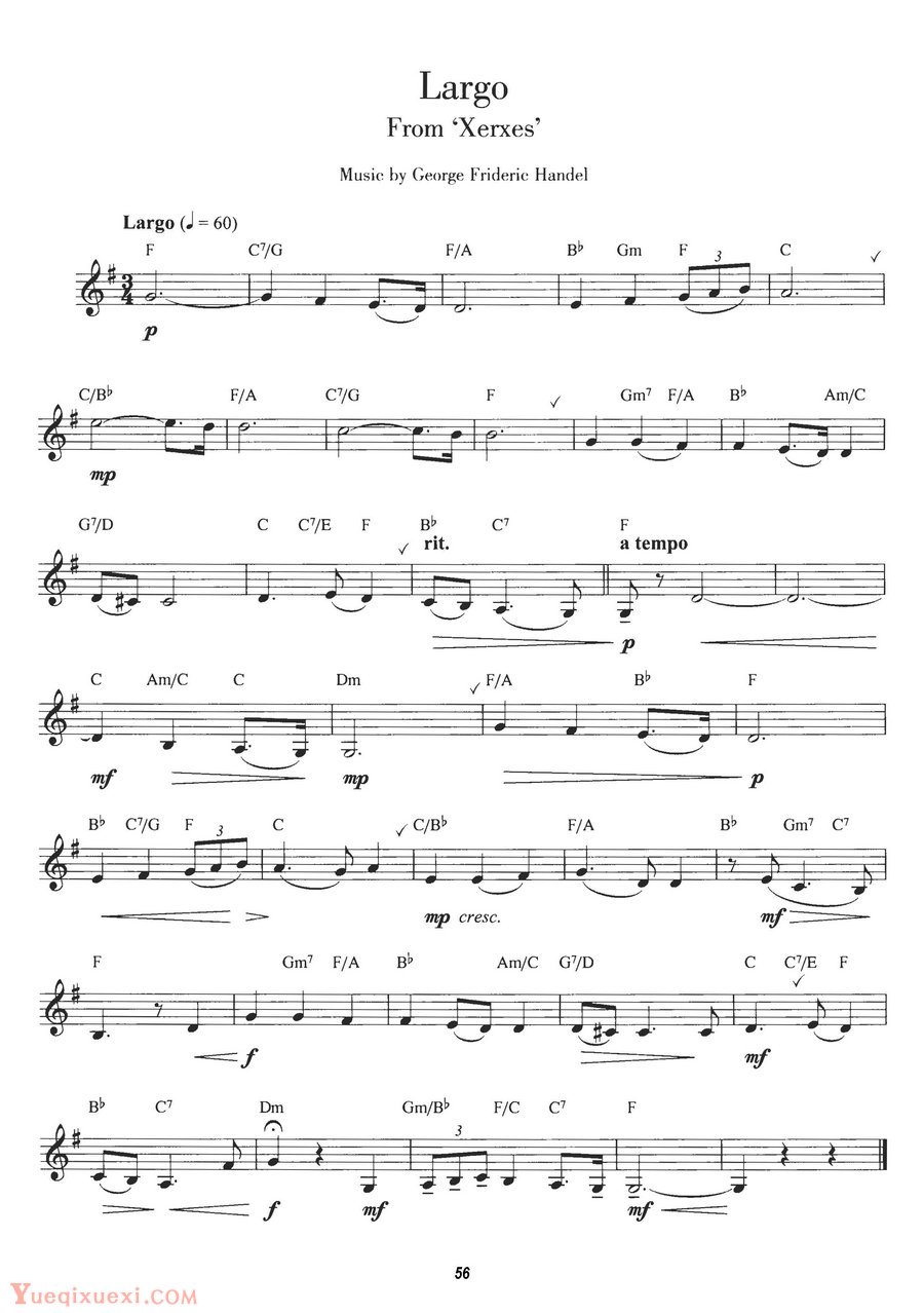 单簧管简易古典曲谱：Largo 广板, 选自韩德尔的歌剧＂薛西斯大帝＂