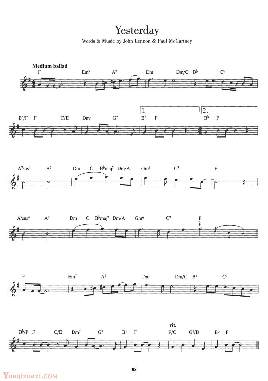 单簧管经典热门曲谱：Yesterday 昨日, 约翰蓝农的名曲