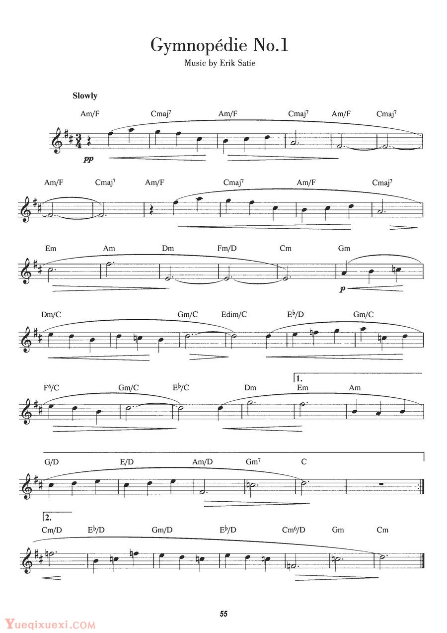 单簧管简易古典曲谱：Gymnopédie No.1, 第一号裸体舞蹈, 萨堤耶曲