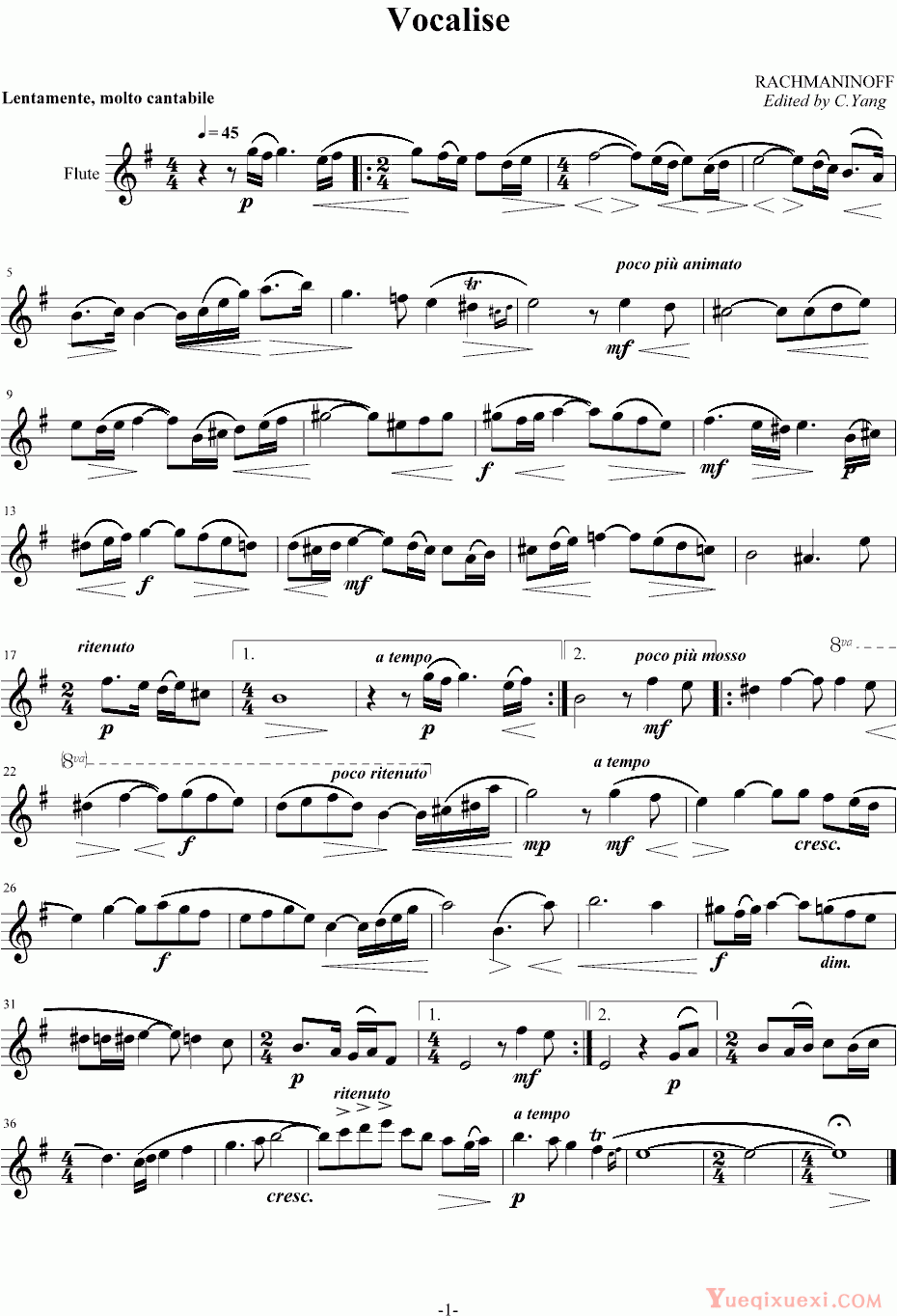 拉赫马尼若夫 练声曲（长笛） 钢琴谱