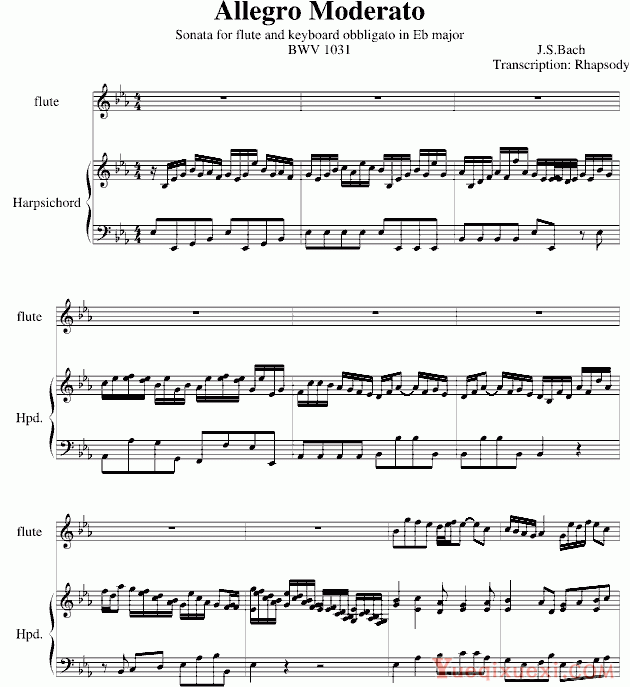 巴赫 P.E.Bach 巴赫羽管键琴协奏曲BWV1031第一乐章 钢琴谱