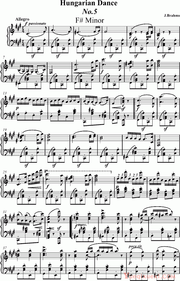 勃拉姆斯 Brahms 匈牙利舞曲独奏版 钢琴谱