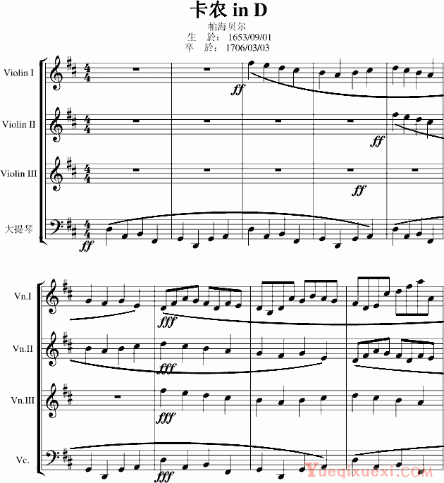帕赫贝尔 Pachelbel 卡农交响曲(3小提琴+1大提琴)