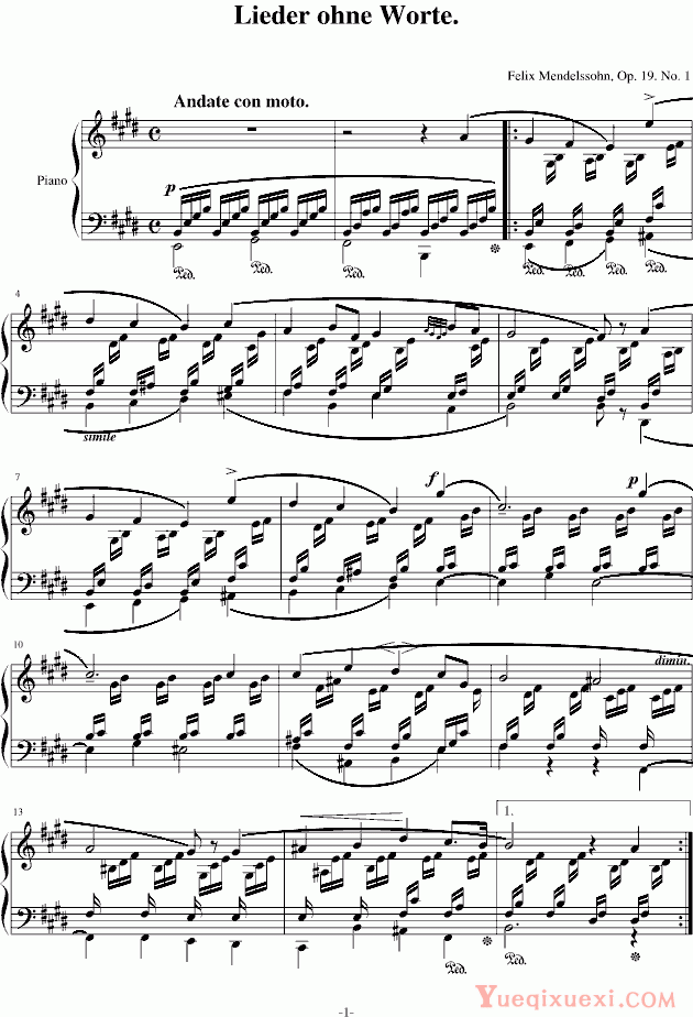 门德尔松 E大调无词歌Op. 19, No. 1钢琴谱