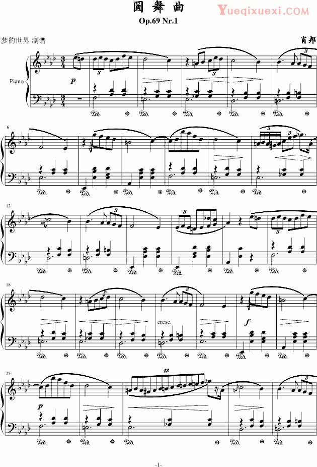 肖邦 chopin 第九号圆舞曲Op69-Nr1 钢琴谱