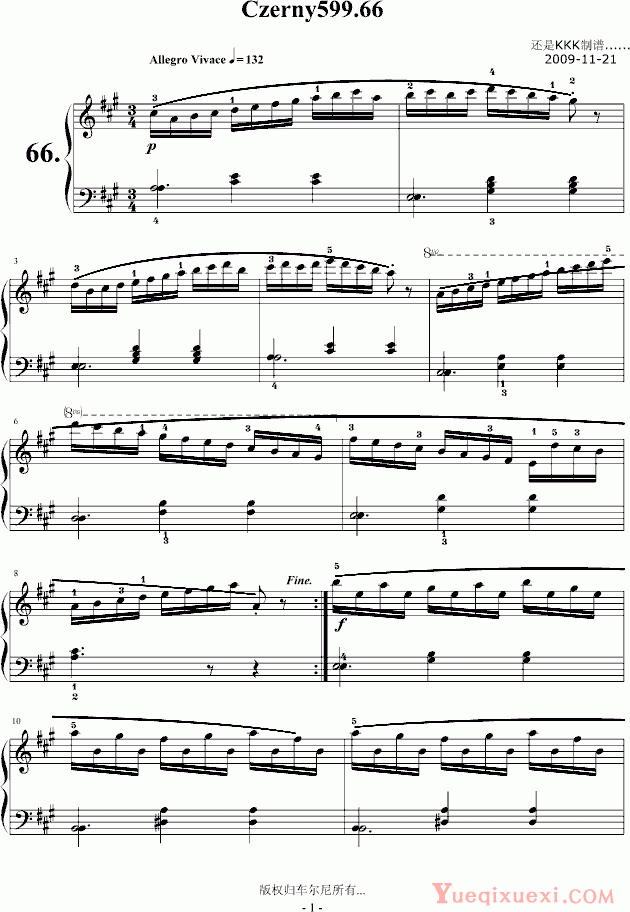 车尔尼 Czerny 车尔尼599第66首（标注指法） 钢琴谱