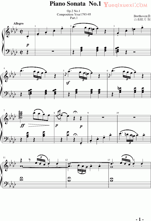 贝多芬 beethoven Piano Sonata No 1 part 1 钢琴谱