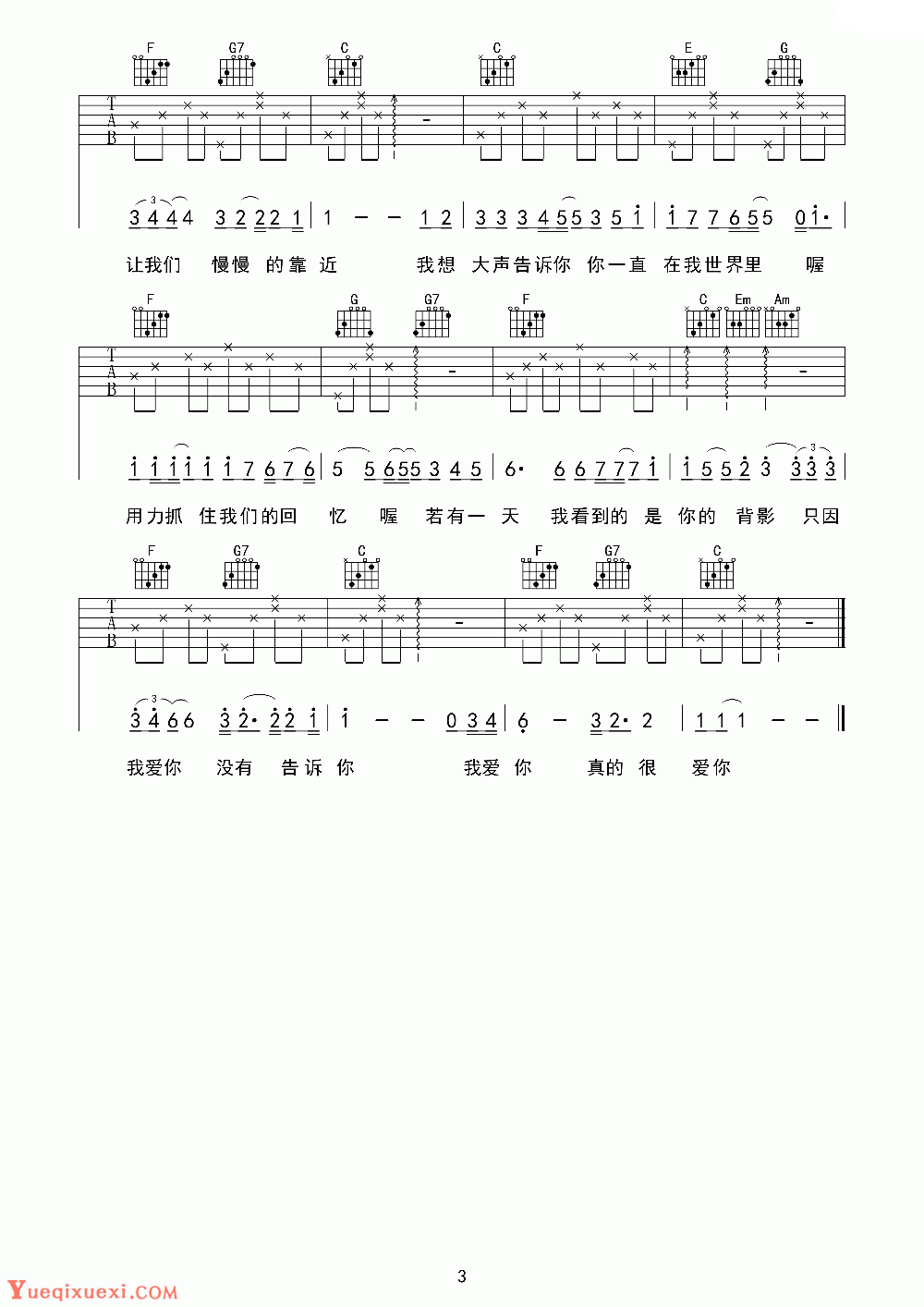 【吉他谱简单版】樊凡 我想大声告诉你吉他谱 C调简单版