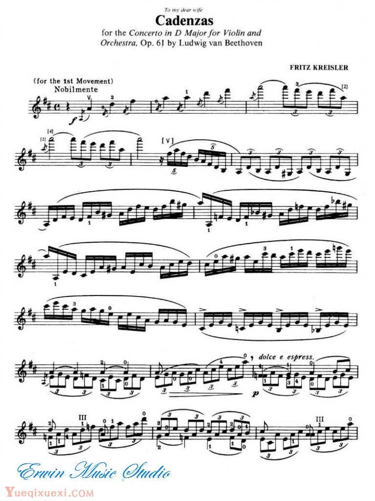 克莱斯勒-贝多芬-小提琴D大 调协奏曲华彩Fritz Kreisle, Ludwig van Beethoven  Cadenzas for the Concert