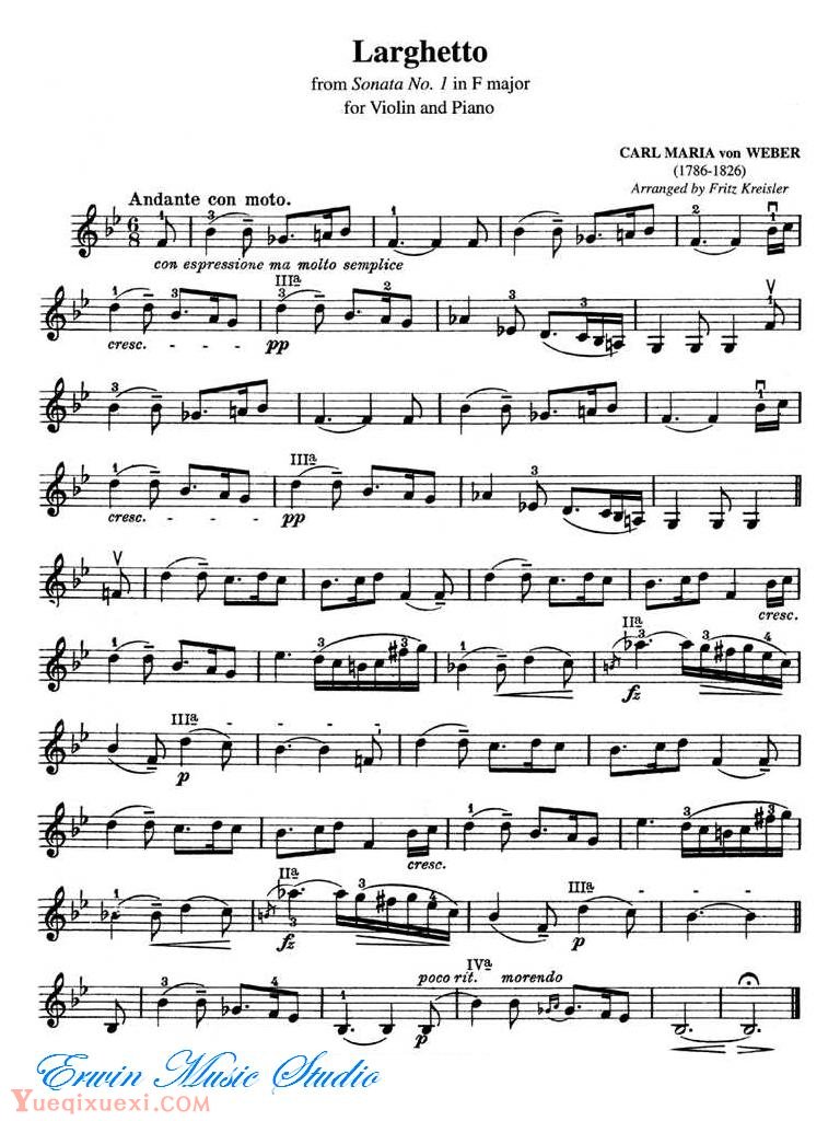 克莱斯勒-小广板 选自 韦伯 F大调 第一小提琴奏鸣曲Fritz Kreisle Carl Maria von Weber  Larghetto from Sonata