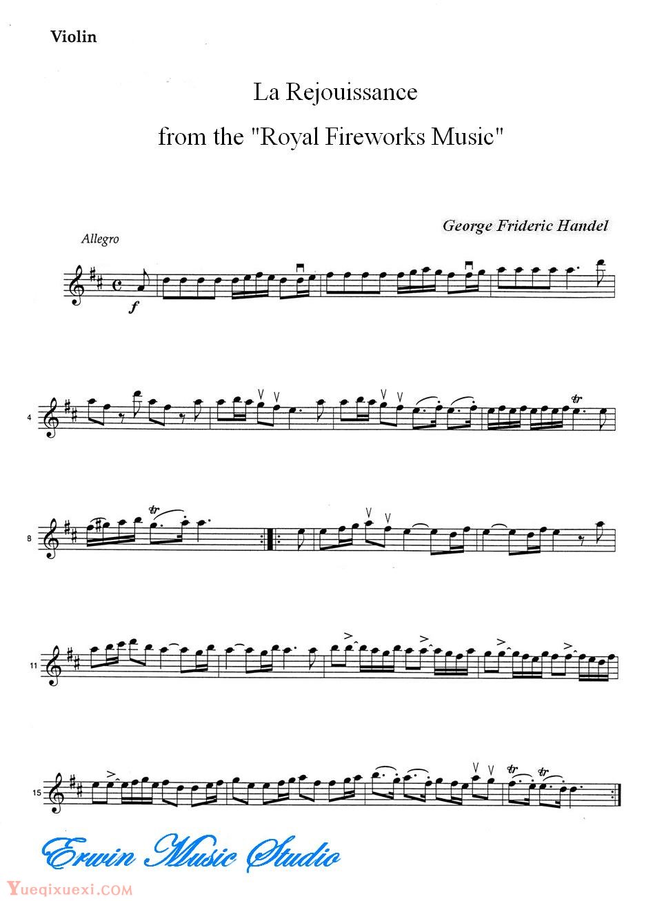 乔治弗里德里克亨德尔-欢乐庆祝时刻 弦乐三重奏分谱Violin  George Frideric Handel,  La Rejouissance from Royal Fireworks Music
