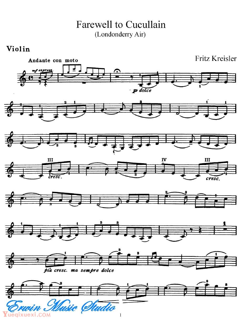 克萊斯勒-伦敦德里小调Violin  Fritz Kreisler,  Farewell To CuCullain (Londonderry Air)