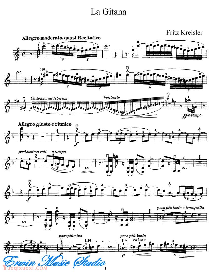 克莱斯勒-吉普赛女郎 小提琴谱Violin  Fritz Kreisler,  La Gitana