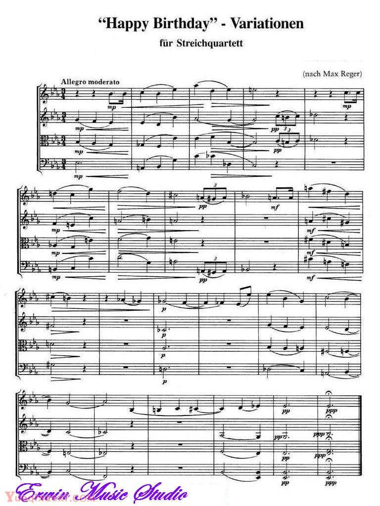 马克斯 雷格风格-生日快乐 变奏版 弦乐四重奏谱Score Max Reger Variation Happy Birthday