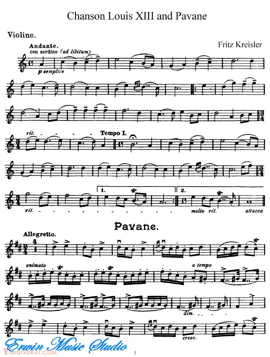 克莱斯勒-路易十三舞曲马帕凡 小提琴谱+钢琴伴奏谱Violin  Fritz Kreisler,  Chanson Louis XIII and Pavane