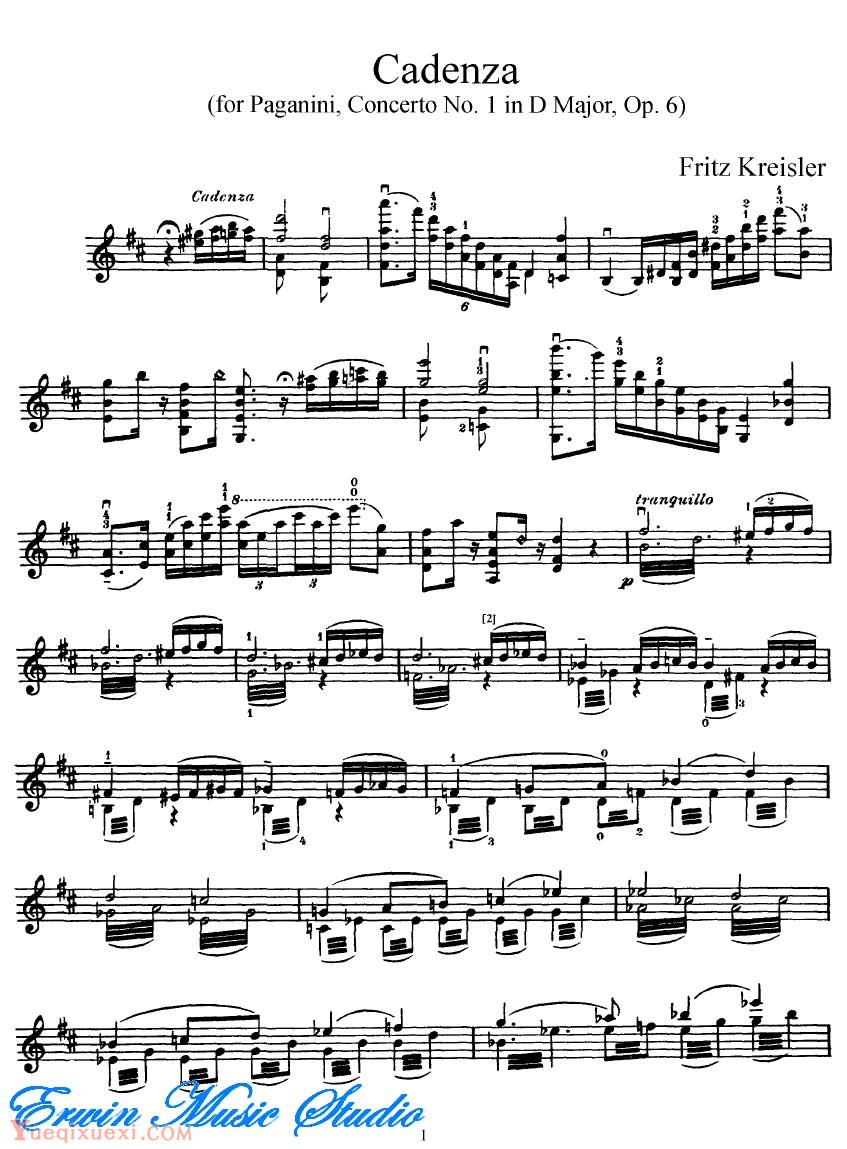 克萊斯勒-帕格尼尼-第一小提琴协奏曲华彩 作品6 Fritz Kreisler,  Cadenza for Paganini,Violin Concerto to No.1 Op.6