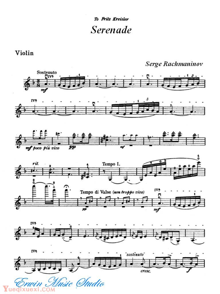 克莱斯勒-拉赫玛尼诺夫-小夜曲 小提琴谱+钢琴伴奏谱Violin  Fritz Kreisler,  Serge Rachmaninov Serenade