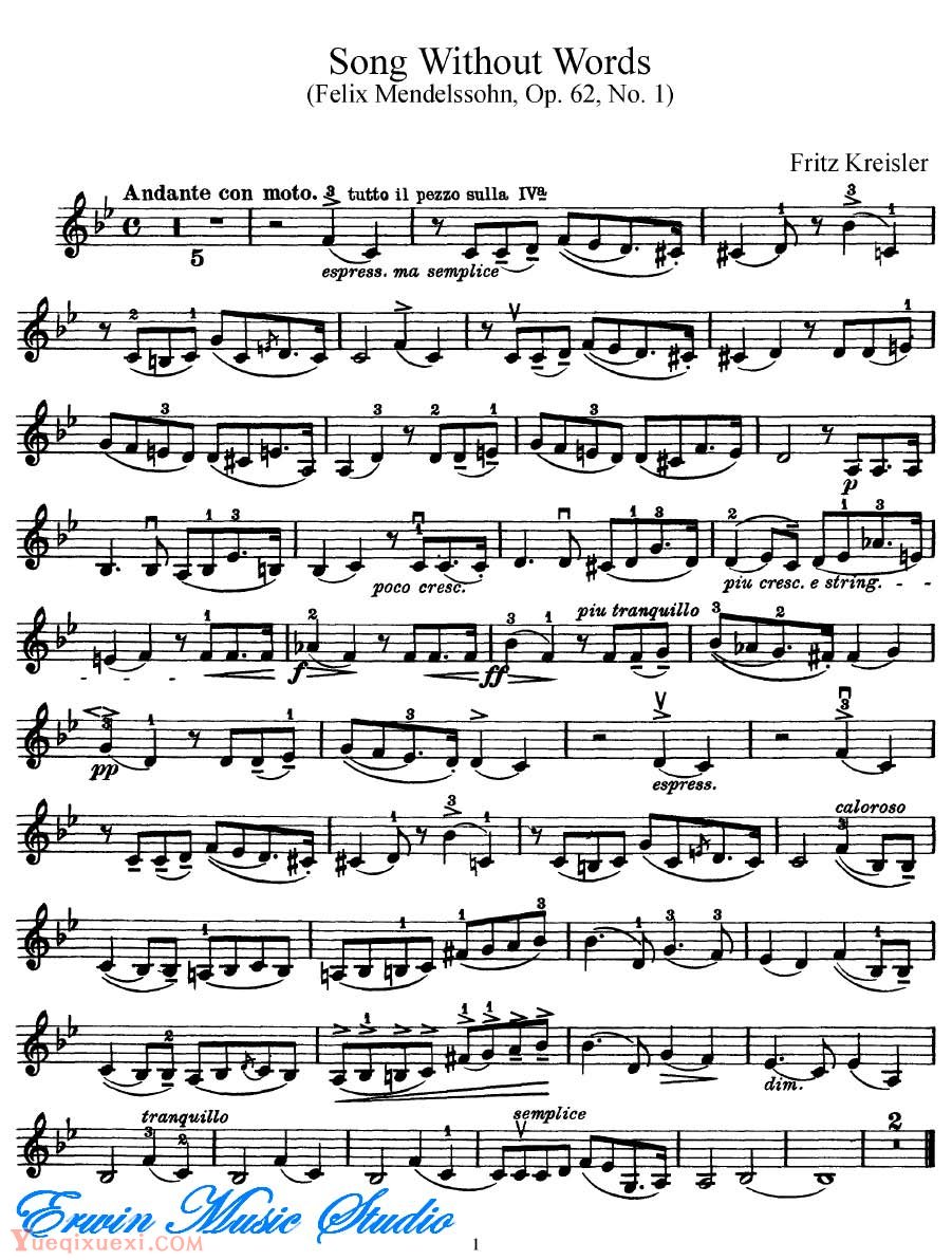 克莱斯勒-门德尔松-无词歌 (五月的微风)作品62Violin  Kreisler,Mendelssohn,  Song Without Words