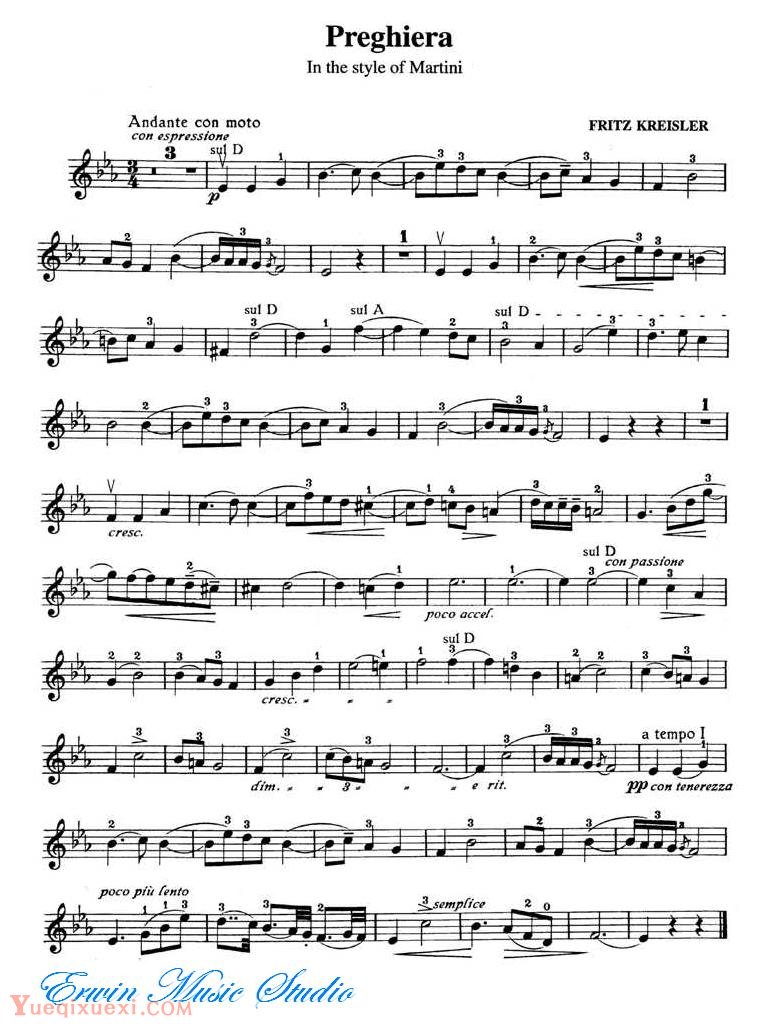 克莱斯勒-晚祷歌 (马蒂尼风格)Violin  Fritz Kreisle, Preghiera  In the style of Martini