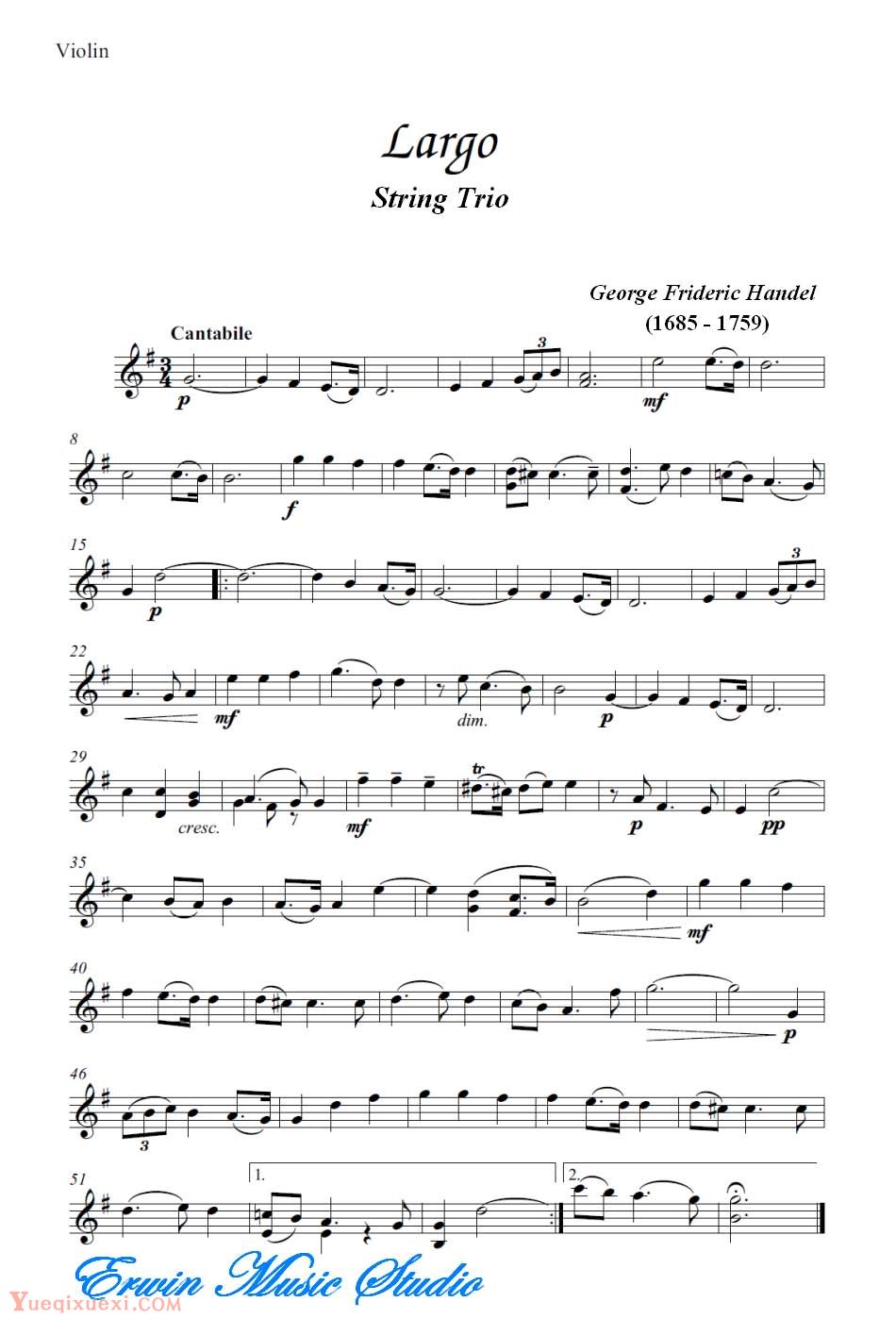乔治 弗里德里克 亨德尔-广板 弦乐三重奏分谱Violin  George Frideric Handel,  Largo