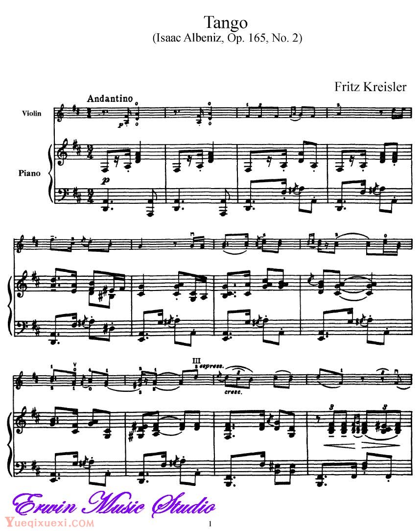 莱斯勒-阿尔贝尼兹-探戈 作品165 第2号Piano  Fritz Kreisler,  Isaac Albeniz,  Tango Op.165, No.2