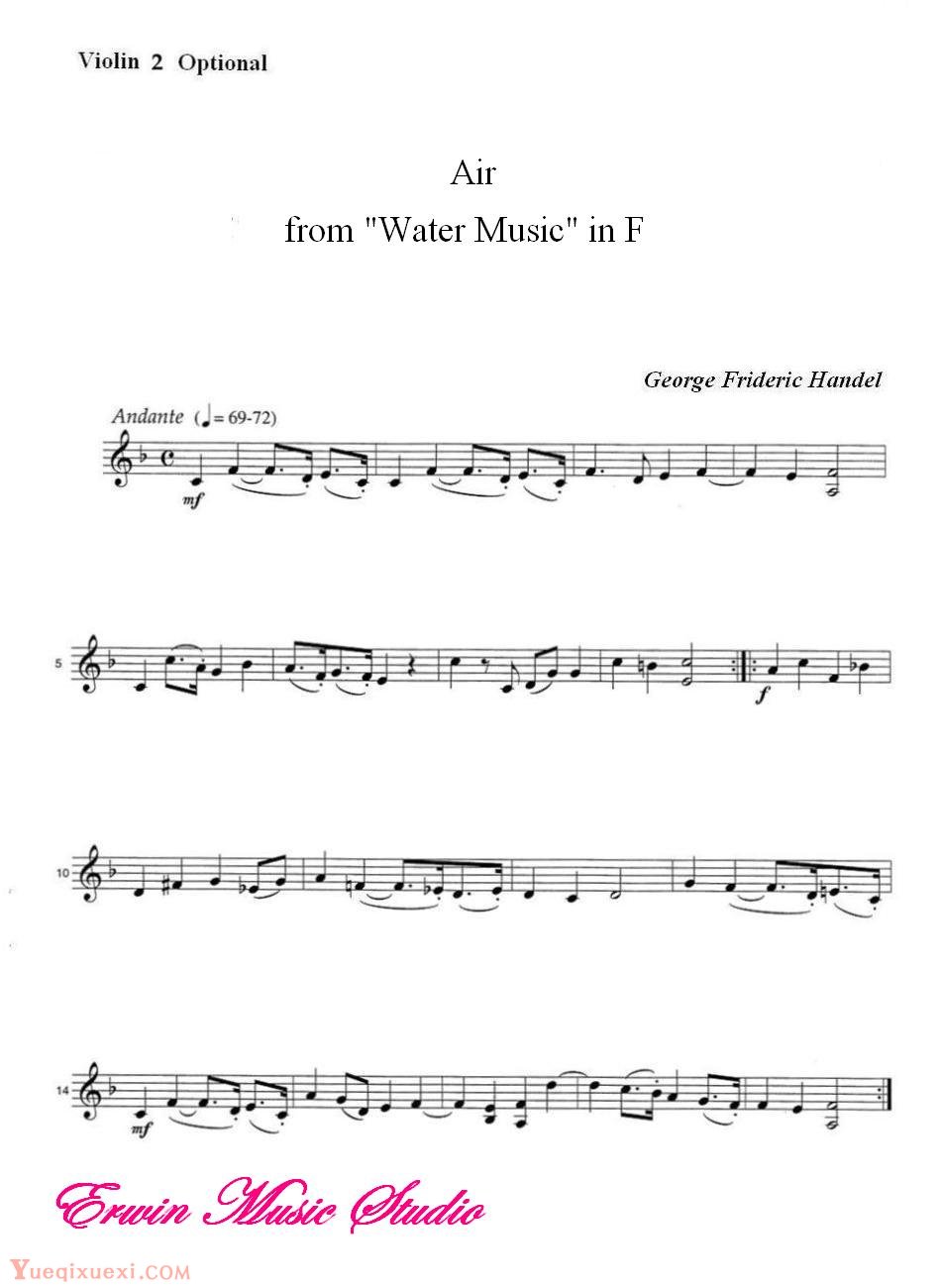 乔治 弗里德里克 亨德尔-音乐 选自F大调水上音乐弦乐三重奏Violin  George Frideric Handel,  Air from Water Music in F