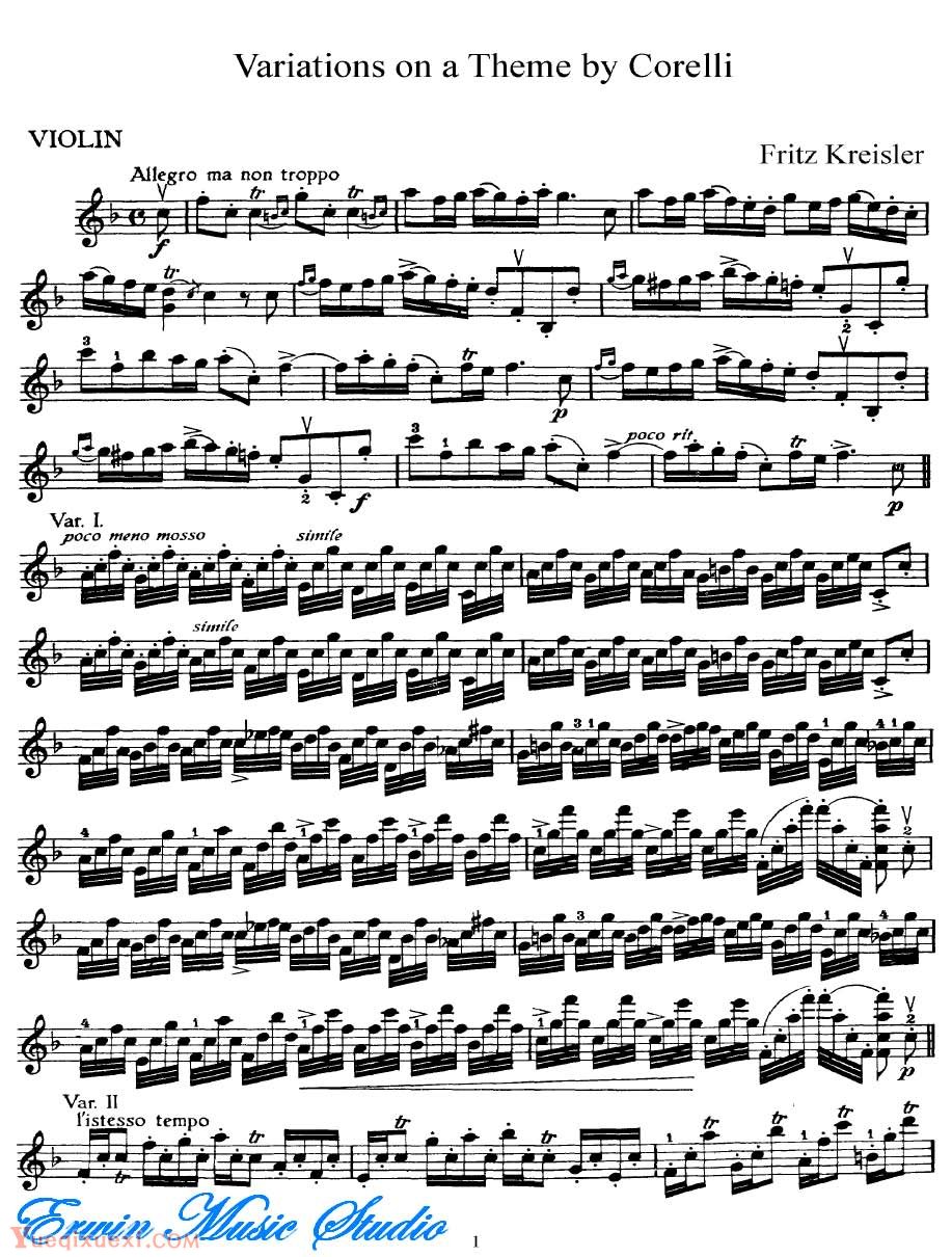 克莱斯勒-科雷尔-主题变奏曲 (塔蒂尼风格)小提琴谱Violin   Fritz Kreisler, Variations on a theme by Corell