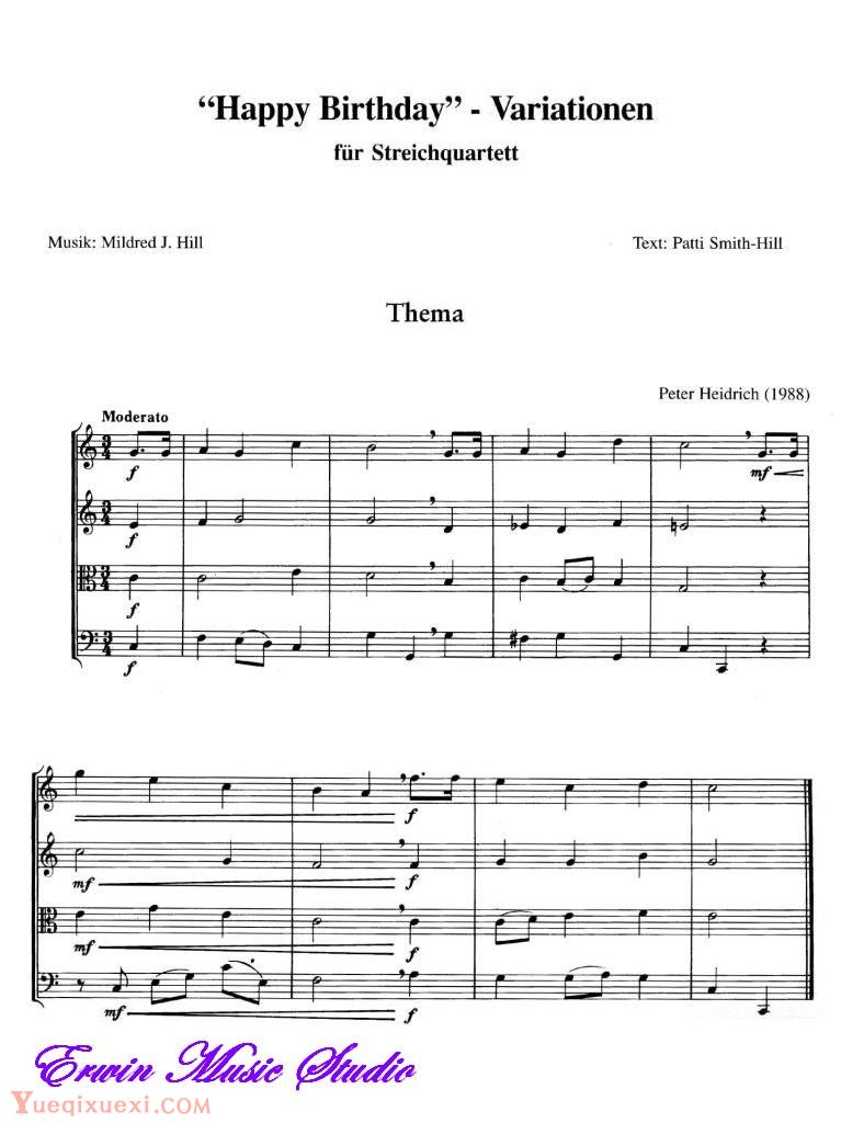 彼得 海瑞风格旋律-生日快乐 变奏曲 弦乐四重奏谱Score Peter Heidrich Thema Variation Happy Birthday