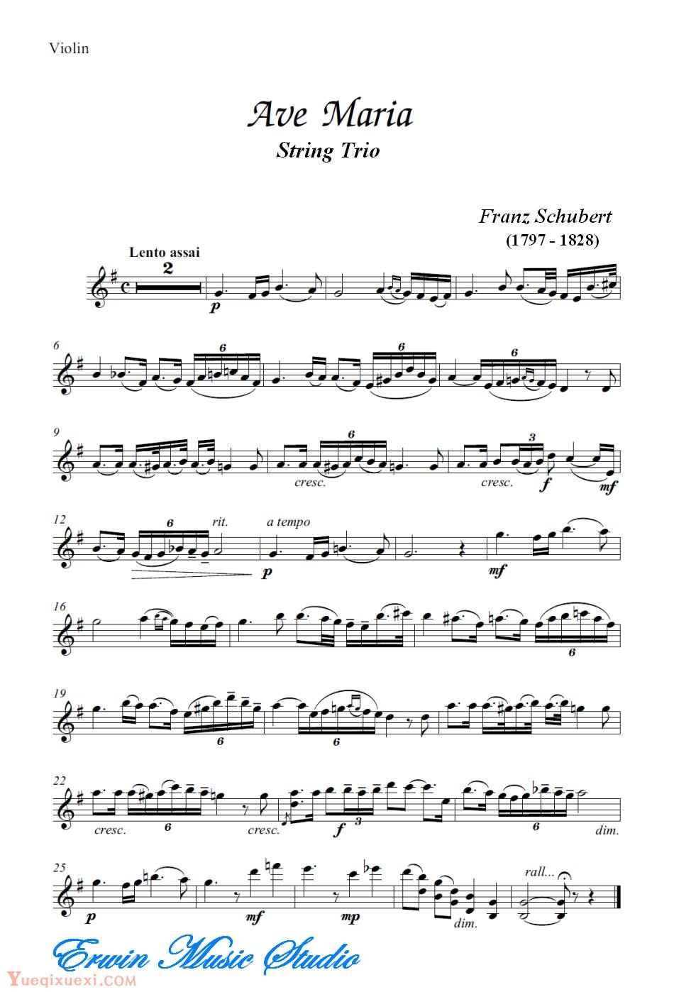 弗朗兹 舒柏特-圣母颂 弦乐三重奏分谱Violin  Franz Schubert,  Ave Maria