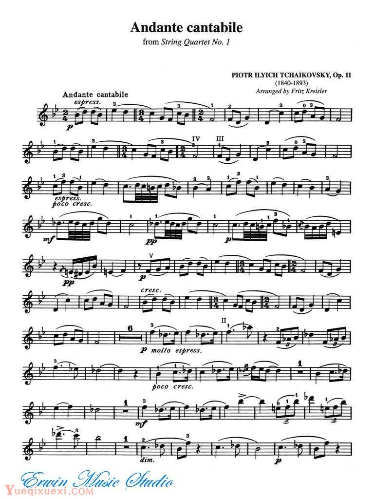 克莱斯勒-柴可夫斯基-如歌的行板 (选自第一弦乐四重奏) Violin  Andante Cantabile