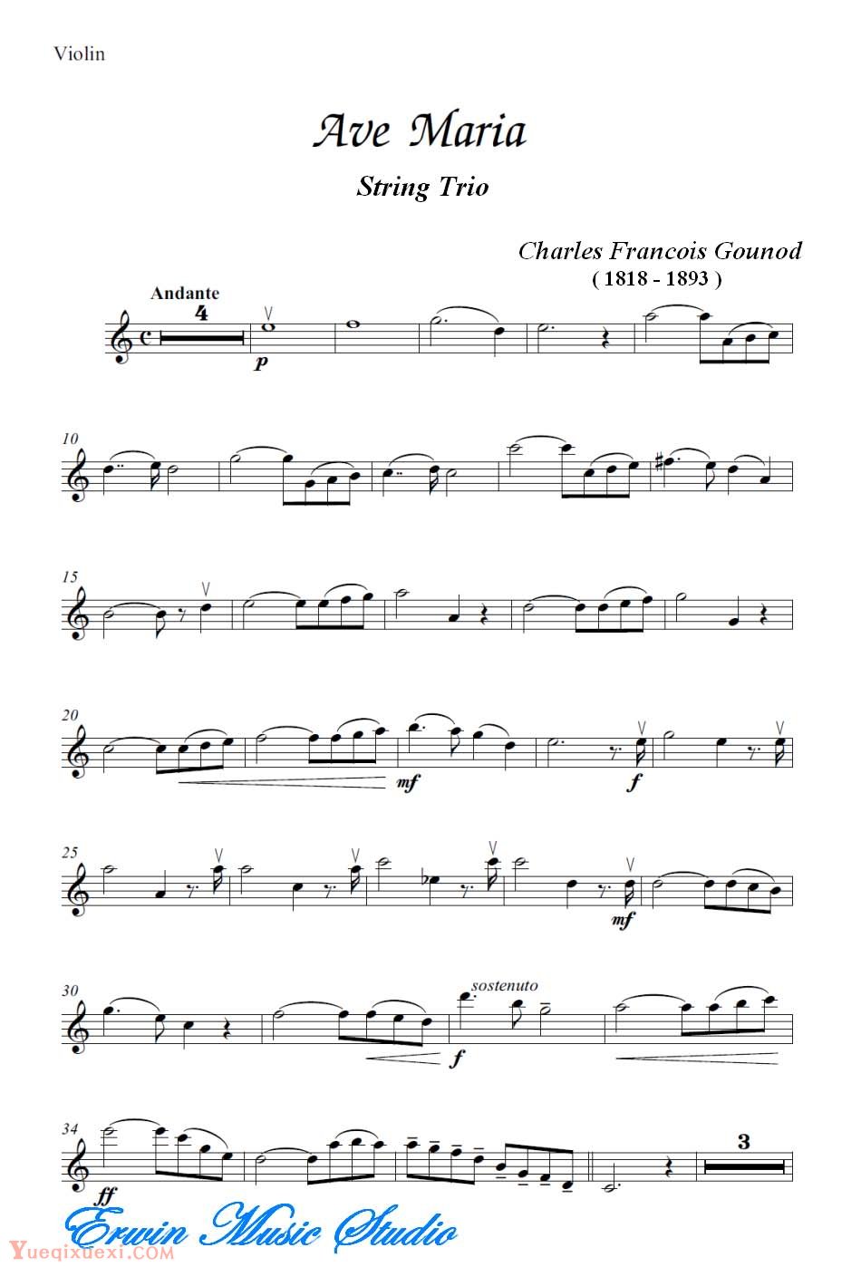 理 弗朗索瓦 古诺-圣母颂 弦乐三重奏分谱Violin  Charles Francois Gounod,  Ave Maria