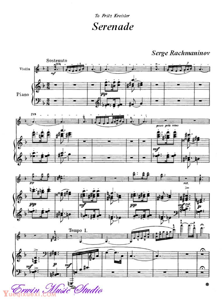 克莱斯勒-拉赫玛尼诺夫-小夜曲 小提琴谱+钢琴伴奏谱Piano  Fritz Kreisler,  Serge Rachmaninov Serenade