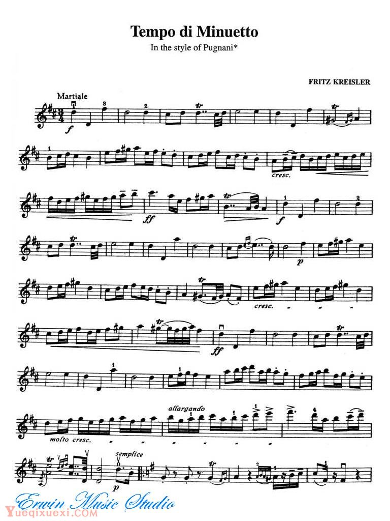 克莱斯勒 -小步舞曲 (普尼亚尼风格)  Fritz Kreisle, Tempo di Minuetto  In the style of Pugnani