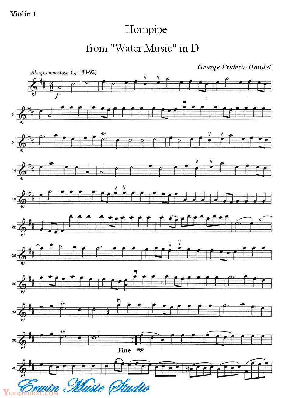 乔治 弗里德里克 亨德尔-D大调管乐 选自水上音乐弦乐三重奏Violin  George Frideric Handel,  Hornpipe  from Water Music in D