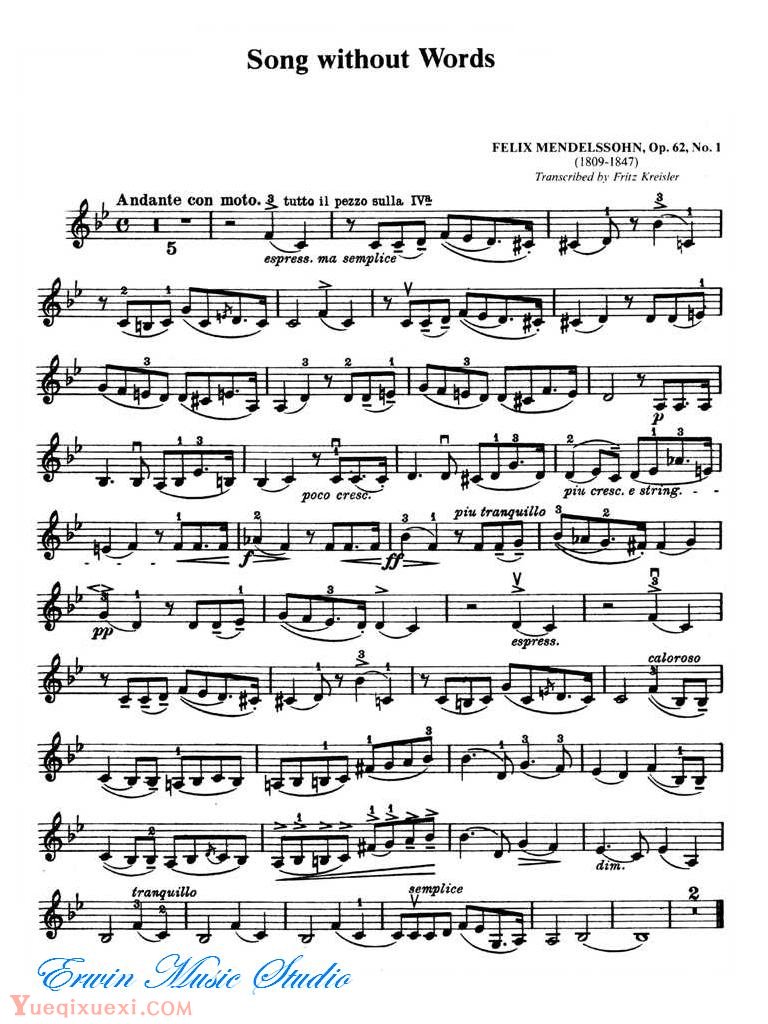克莱斯勒-门德尔松-无词歌 (五月的微风)作品62Violin  Fritz Kreisle, Song without Words Op.62,No.1