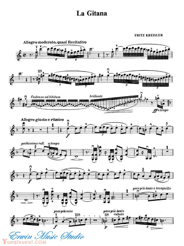 克莱斯勒-吉普赛女郎 小提琴谱Violin  Fritz Kreisle, La Gitana