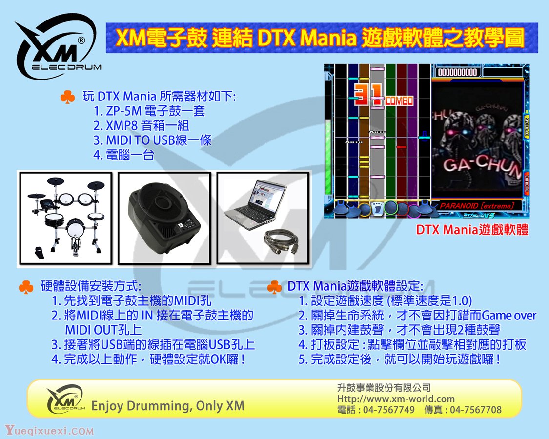 XM電子鼓與《DTX Mania 青春鼓王》遊戲軟體之教學示意圖