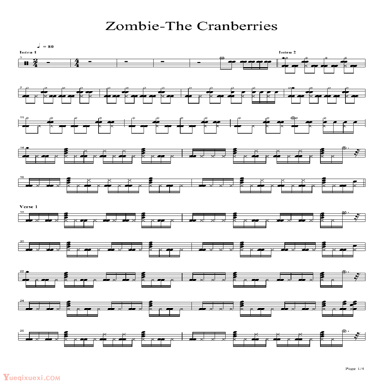 zombie-the cranberries鼓谱
