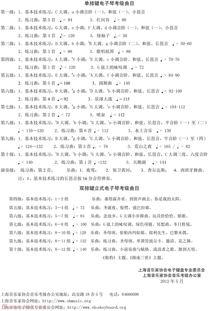 2012年上海音乐家协会电子琴考级简章