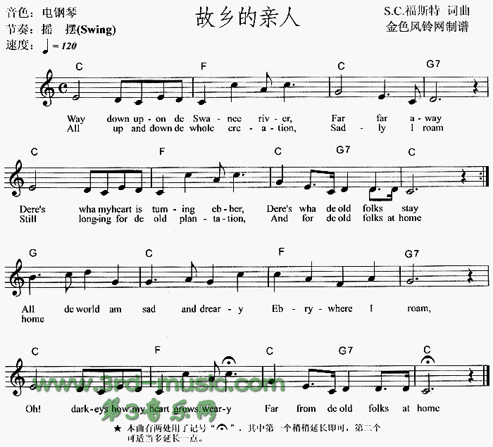 故乡的亲人[电子琴谱]电子琴曲谱（图1）