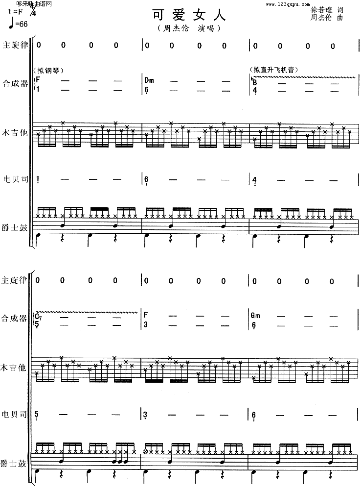 可爱女人 (周杰伦)电子琴曲谱（图1）