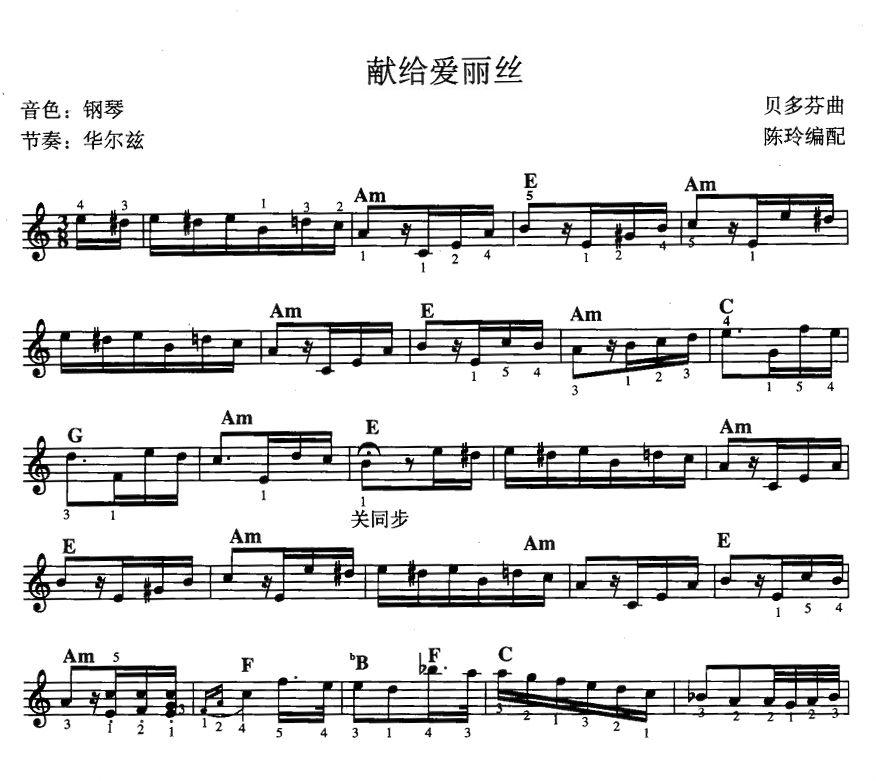 献歌爱丽丝（线谱 和弦）电子琴曲谱（图1）