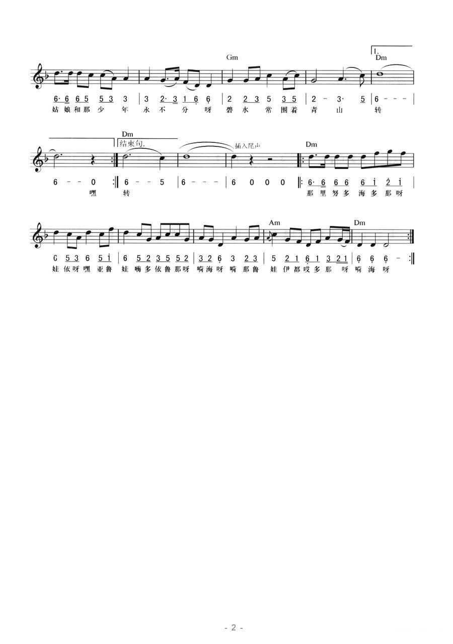 阳里山的姑娘（线简混排弹唱谱）电子琴曲谱（图2）