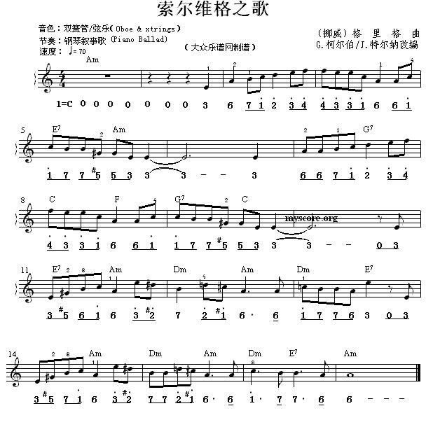 索尔维格之歌电子琴曲谱（图2）