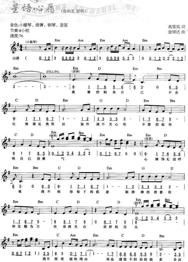 星语心愿(简线弹唱)1电子琴曲谱（图1）