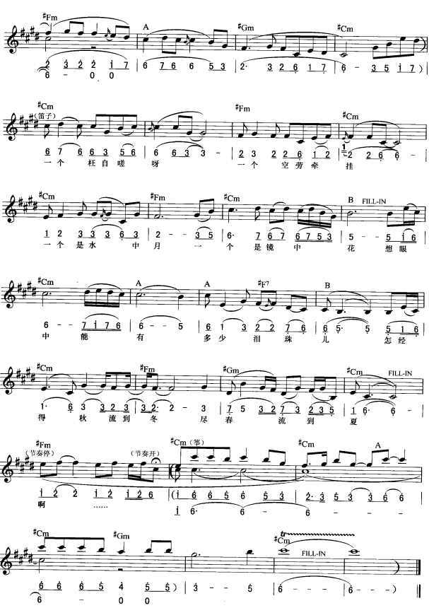 枉凝眉(简线弹唱)2电子琴曲谱（图1）