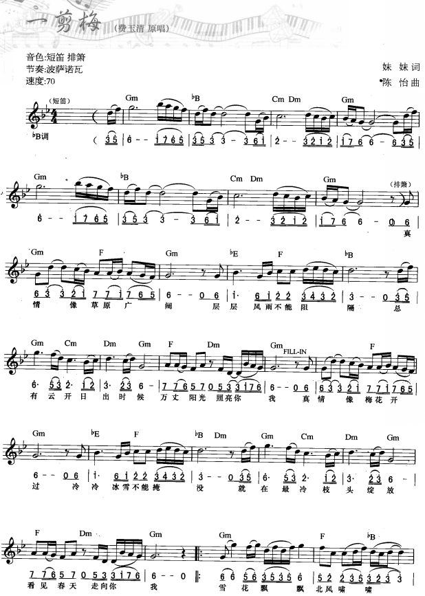 一剪梅(简线弹唱)1电子琴曲谱（图1）