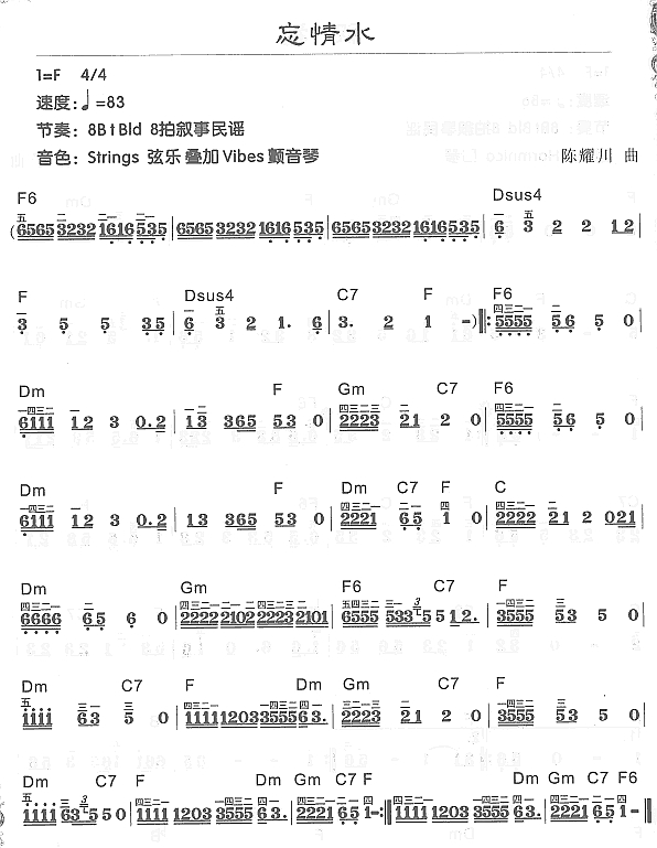 忘情水电子琴曲谱（图1）
