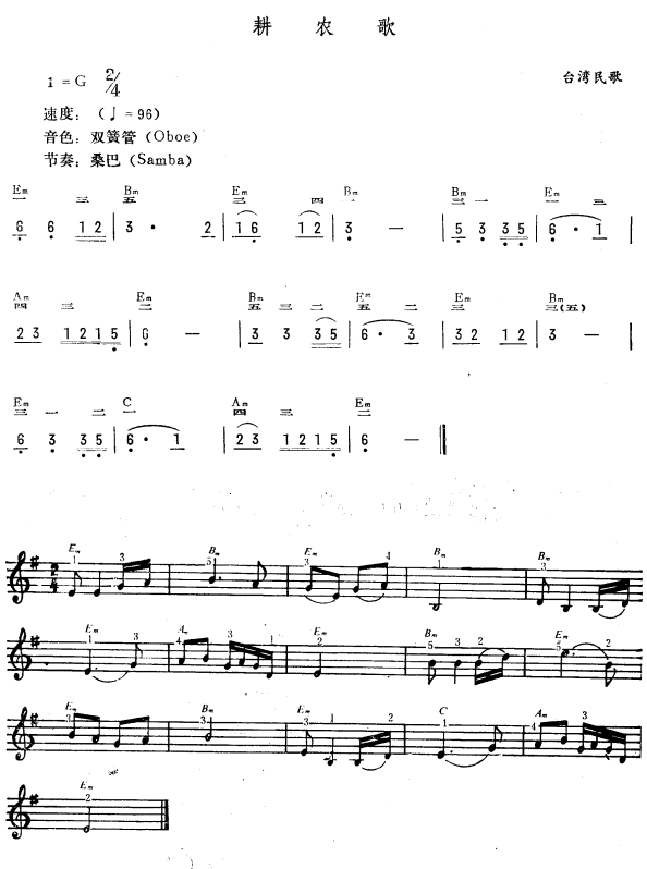 耕农歌（简线谱）电子琴曲谱（图1）